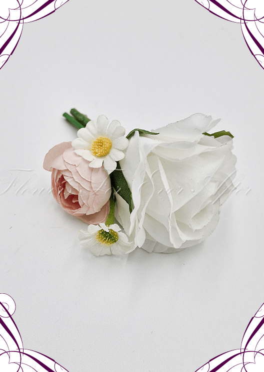 Artificial wedding boutonniere, top view of a white faux rose, pale pink rosebud and small white daisies. For formals, proms and ball occasions. Made in Melbourne by Flowers For Ever After, shipping Australia and Worldwide.