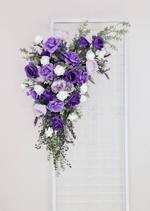 Artificial wedding ceremony flower display with purple faux blooms and green leaves. Made in Melbourne by Flowers For Ever After, shipping Australia and Worldwide.