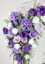 Artificial wedding ceremony arrangement close-up showing purple faux flower petals and green foliage. Made in Melbourne by Flowers For Ever After, shipping Australia and Worldwide.