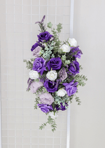 Artificial wedding ceremony arrangement with purple faux blooms, small flowers and green leaves. Made in Melbourne by Flowers For Ever After, shipping Australia and Worldwide.