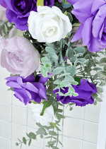 Artificial wedding ceremony arrangement close-up showing purple faux blooms and smaller flowers. Made in Melbourne by Flowers For Ever After, shipping Australia and Worldwide.