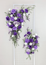 Artificial wedding ceremony floral pair with purple faux blooms and cascading green foliage. Made in Melbourne by Flowers For Ever After, shipping Australia and Worldwide.