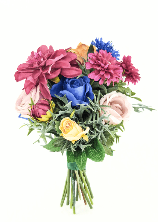 Artificial wedding bouquet, angled view of blue, blush and yellow faux roses, magenta dahlias and blue cornflowers. Made in Melbourne by Flowers For Ever After, shipping Australia and Worldwide.