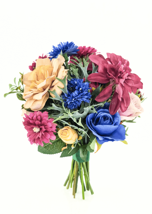 Artificial wedding bouquet with blue and yellow faux roses, magenta dahlias, blue cornflowers and silvery green foliage. Made in Melbourne by Flowers For Ever After, shipping Australia and Worldwide.