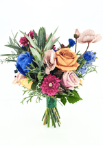 Artificial wedding bouquet, reverse view of orange, blue and blush faux roses, magenta dahlia, pale pink poppies and silvery foliage. Made in Melbourne by Flowers For Ever After, shipping Australia and Worldwide.