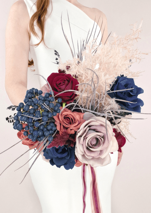 Artificial wedding bridesmaid posy, front view of mixed faux blooms and green leaves. Made in Melbourne by Flowers For Ever After, shipping Australia and Worldwide.