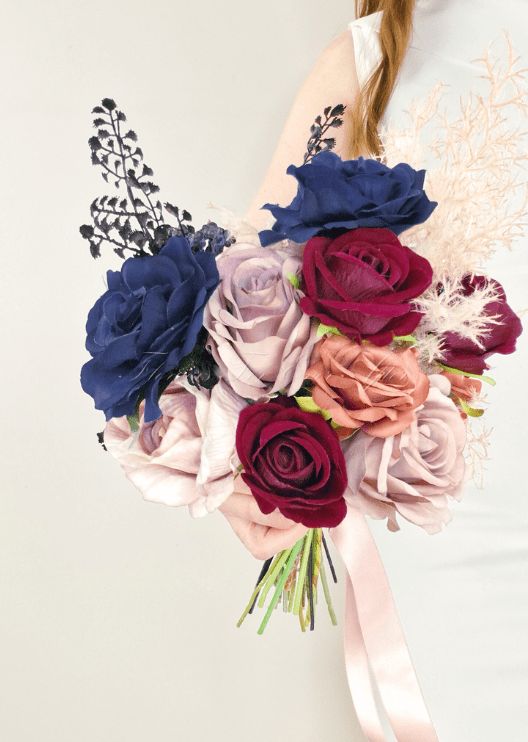 Artificial wedding bridal bouquet, side view of mixed faux flowers and a wrapped handle. Made in Melbourne by Flowers For Ever After, shipping Australia and Worldwide.