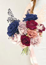 Artificial wedding bridal bouquet, side view of mixed faux flowers and a wrapped handle. Made in Melbourne by Flowers For Ever After, shipping Australia and Worldwide.