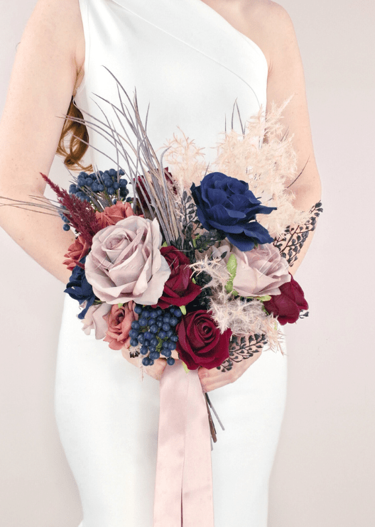 Artificial wedding bridesmaid posy with mixed faux blooms, green foliage and a wrapped handle. Made in Melbourne by Flowers For Ever After, shipping Australia and Worldwide.