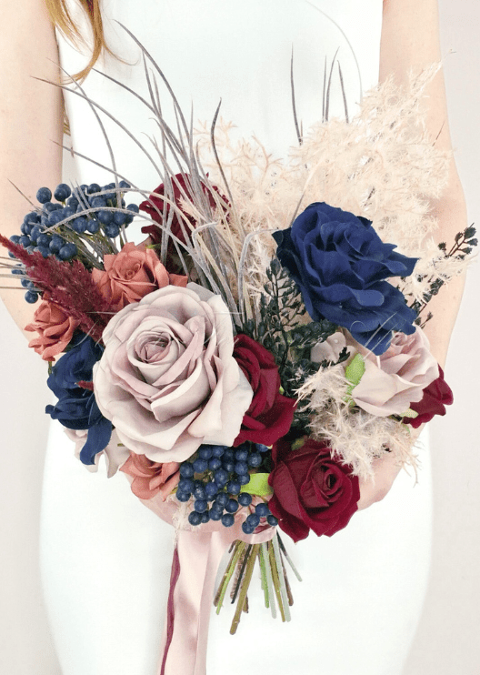 Artificial wedding bridesmaid posy with mixed faux flowers, green foliage and wrapped stems. Made in Melbourne by Flowers For Ever After, shipping Australia and Worldwide.