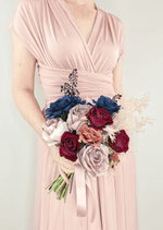 Artificial wedding bridal bouquet, front view of mixed faux flowers and green foliage. Made in Melbourne by Flowers For Ever After, shipping Australia and Worldwide.