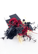Artificial wedding pocket corsage, top view of burgundy and black faux roses, black berries and cream filler blooms. For formals, proms and ball occasions. Made in Melbourne by Flowers For Ever After, shipping Australia and Worldwide.