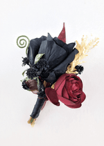 Artificial wedding boutonniere with black and burgundy faux roses, black berries, cream sprigs and black-wrapped stems. For formals, proms and ball occasions. Made in Melbourne by Flowers For Ever After, shipping Australia and Worldwide.