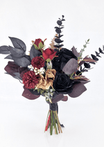 Artificial wedding bridesmaid bouquet, reverse view of black faux roses, burgundy flowers, cream blooms and dark eucalyptus. Made in Melbourne by Flowers For Ever After, shipping Australia and Worldwide.