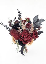 Artificial wedding bridesmaid bouquet, front view of burgundy and black faux roses, cream blooms and mixed eucalyptus. Made in Melbourne by Flowers For Ever After, shipping Australia and Worldwide.