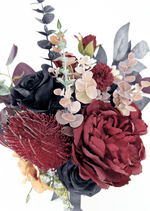 Artificial wedding bouquet close-up with burgundy and black faux roses, cream blooms, a burgundy chrysanthemum and eucalyptus. Made in Melbourne by Flowers For Ever After, shipping Australia and Worldwide.