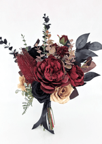 Artificial wedding bridesmaid bouquet with burgundy and black faux roses, cream blooms, burgundy chrysanthemum and mixed eucalyptus. Made in Melbourne by Flowers For Ever After, shipping Australia and Worldwide.