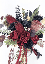 Artificial wedding bridal bouquet close-up with burgundy and black faux roses, pink protea, burgundy spiky blooms and eucalyptus. Made in Melbourne by Flowers For Ever After, shipping Australia and Worldwide.