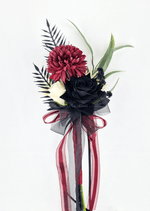 Artificial wedding long-stem floral decoration, front view of a burgundy faux chrysanthemum, black rose and trailing ribbons. Made in Melbourne by Flowers For Ever After, shipping Australia and Worldwide.