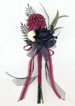 Artificial wedding long-stem floral decoration with a burgundy faux chrysanthemum, black rose, cream flower and trailing black and burgundy ribbons. Made in Melbourne by Flowers For Ever After, shipping Australia and Worldwide.