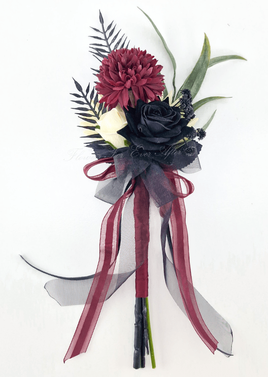 Artificial wedding long-stem floral decoration with a burgundy faux chrysanthemum, black rose, cream flower and trailing black and burgundy ribbons. Made in Melbourne by Flowers For Ever After, shipping Australia and Worldwide.