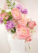 Artificial wedding bouquet detail showing pink and purple faux roses, lilac daisies, white blooms and green sprigs. Made in Melbourne by Flowers For Ever After, shipping Australia and Worldwide.