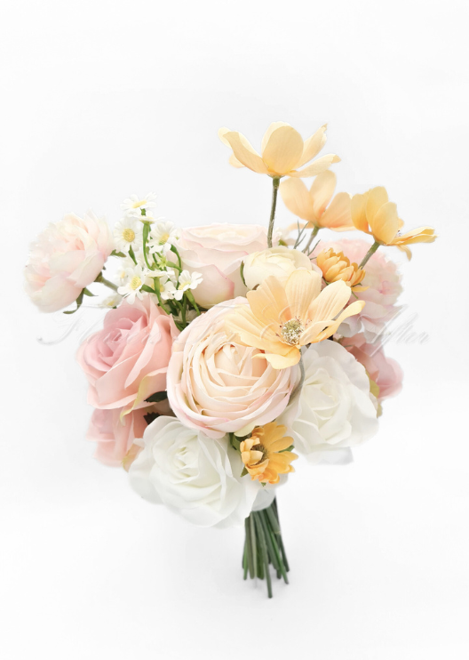 Artificial wedding bridesmaid bouquet, angled view of blush and white faux roses, pale pink blooms and yellow flowers. Made in Melbourne by Flowers For Ever After, shipping Australia and Worldwide.