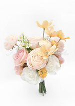 Artificial wedding bridesmaid bouquet, angled view of blush and white faux roses, pale pink blooms and yellow flowers. Made in Melbourne by Flowers For Ever After, shipping Australia and Worldwide.