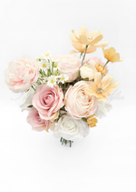 Artificial wedding bridesmaid bouquet, top view of blush faux roses, white blooms, yellow flowers and small white daisies. Made in Melbourne by Flowers For Ever After, shipping Australia and Worldwide.