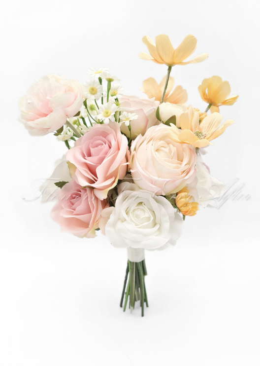 Artificial wedding bridesmaid bouquet, front view of blush faux roses, white blooms, yellow flowers and small white daisies. Made in Melbourne by Flowers For Ever After, shipping Australia and Worldwide.