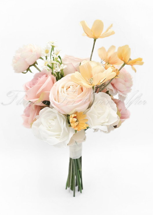 Artificial wedding bridesmaid bouquet with blush and white faux roses, pale pink blooms, yellow flowers and small white daisies. Made in Melbourne by Flowers For Ever After, shipping Australia and Worldwide.
