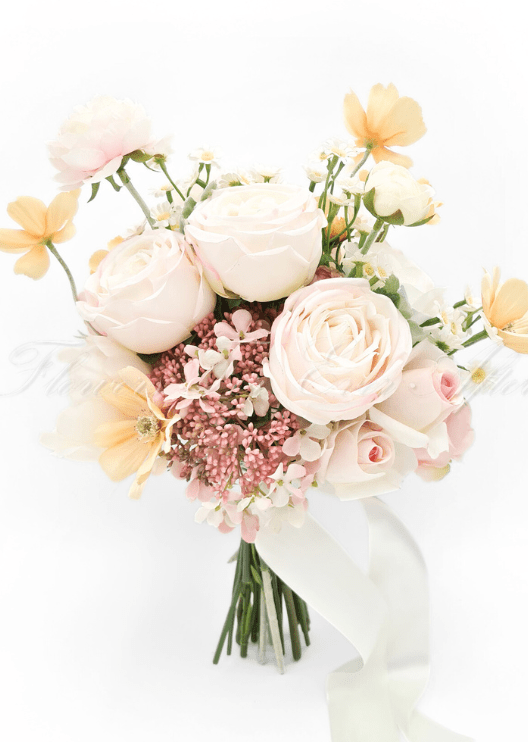 Artificial wedding bridal bouquet, front view of blush faux roses, pink hydrangea, white daisies and yellow flowers. Made in Melbourne by Flowers For Ever After, shipping Australia and Worldwide.
