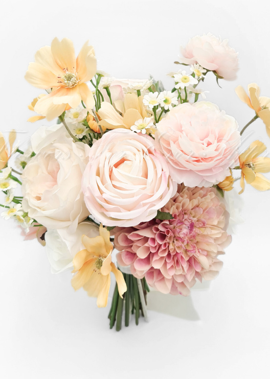 Artificial wedding bridal bouquet, reverse view of blush faux roses, a dusty pink dahlia, white daisies and yellow flowers. Made in Melbourne by Flowers For Ever After, shipping Australia and Worldwide.