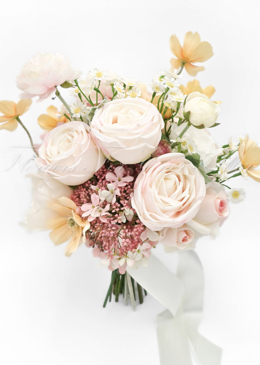 Artificial wedding bridal bouquet with pale blush faux roses, pink hydrangea, white daisies, yellow flowers and trailing ivory ribbon. Made in Melbourne by Flowers For Ever After, shipping Australia and Worldwide.