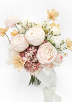 Artificial wedding bridal bouquet with pale blush faux roses, pink hydrangea, white daisies, yellow flowers and trailing ivory ribbon. Made in Melbourne by Flowers For Ever After, shipping Australia and Worldwide.