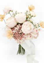 Artificial wedding bridal bouquet with blush faux roses, pink hydrangea, white daisies and yellow blooms, finished with trailing ivory ribbon. Made in Melbourne by Flowers For Ever After, shipping Australia and Worldwide.