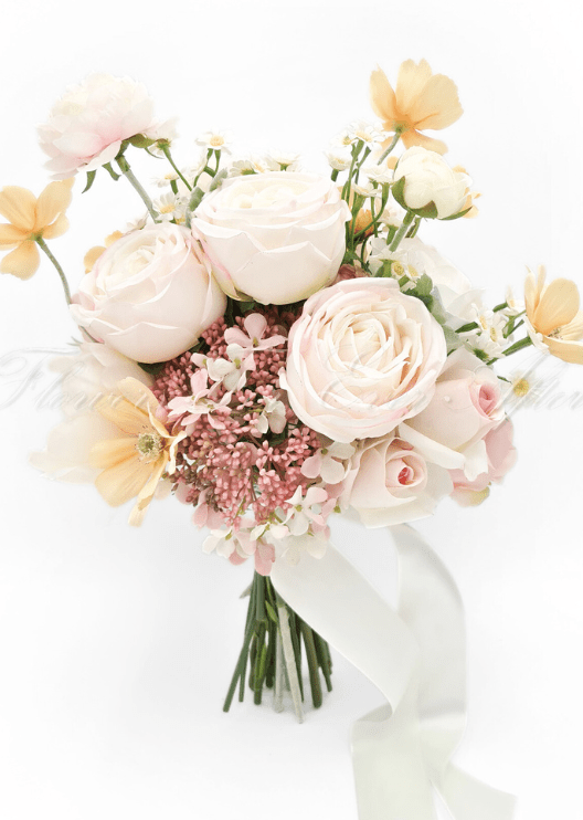 Artificial wedding bridal bouquet with blush faux roses, pink hydrangea, white daisies and yellow blooms, finished with trailing ivory ribbon. Made in Melbourne by Flowers For Ever After, shipping Australia and Worldwide.