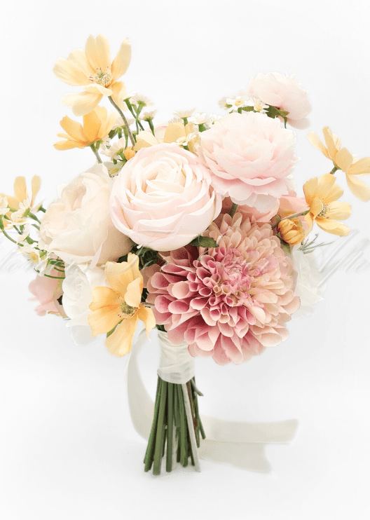 Artificial wedding bridal bouquet with blush faux roses, a dusty pink dahlia, white daisies and yellow blooms, with an ivory-wrapped handle. Made in Melbourne by Flowers For Ever After, shipping Australia and Worldwide.