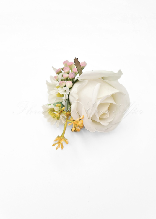 Artificial wedding boutonniere, angled view of a pale faux rose with small light flowers and greenery. For formals, proms and ball occasions. Made in Melbourne by Flowers For Ever After, shipping Australia and Worldwide.