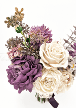 Artificial wedding bouquet, front view of mixed faux blooms and green leaves. Made in Melbourne by Flowers For Ever After, shipping Australia and Worldwide.