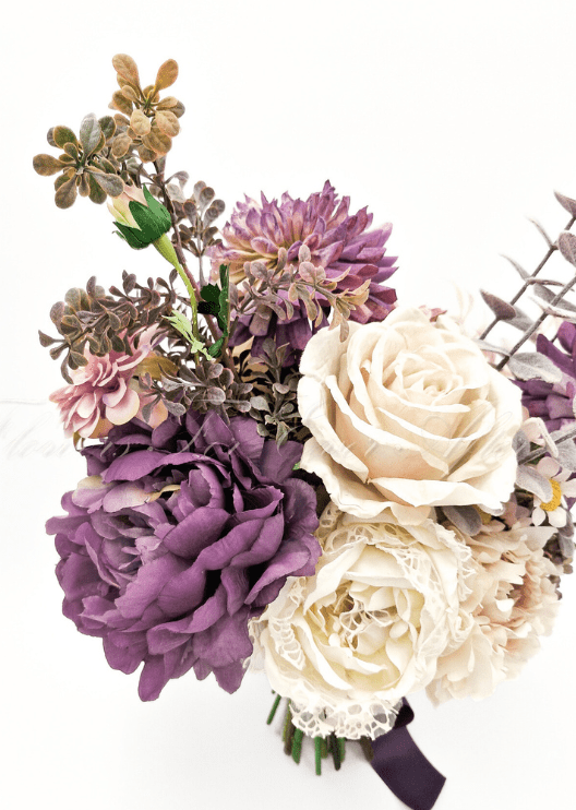 Artificial wedding bouquet, front view of mixed faux blooms and green leaves. Made in Melbourne by Flowers For Ever After, shipping Australia and Worldwide.