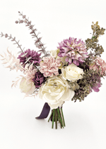 Artificial wedding bouquet, angled view of mixed faux flowers and green foliage. Made in Melbourne by Flowers For Ever After, shipping Australia and Worldwide.