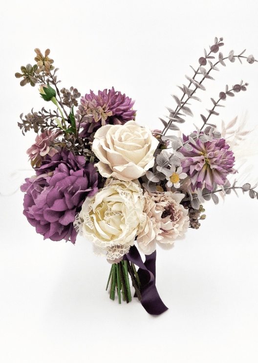Artificial wedding bouquet with mixed faux flowers and green foliage, finished with wrapped stems. Made in Melbourne by Flowers For Ever After, shipping Australia and Worldwide.