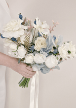 Artificial wedding bridal bouquet, angled view of mixed faux flowers and green leaves. Made in Melbourne by Flowers For Ever After, shipping Australia and Worldwide.