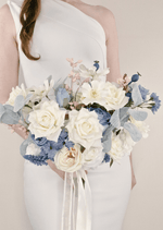 Artificial wedding bridal bouquet with mixed faux flowers, green foliage and wrapped stems. Made in Melbourne by Flowers For Ever After, shipping Australia and Worldwide.