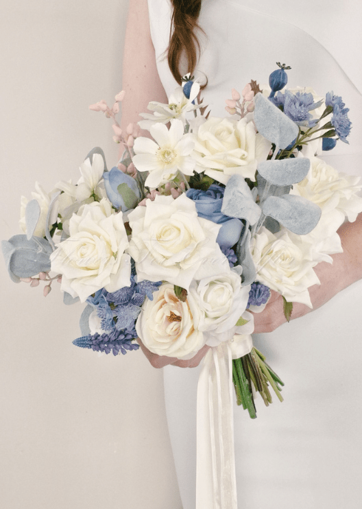 Artificial wedding bridal bouquet with mixed faux blooms, green foliage and a ribbon-wrapped handle. Made in Melbourne by Flowers For Ever After, shipping Australia and Worldwide.