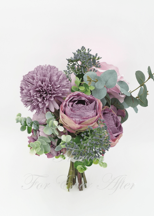 Artificial wedding bridesmaid posy, front view of white faux roses, white blooms and green leaves with exposed stems. Made in Melbourne by Flowers For Ever After, shipping Australia and Worldwide.