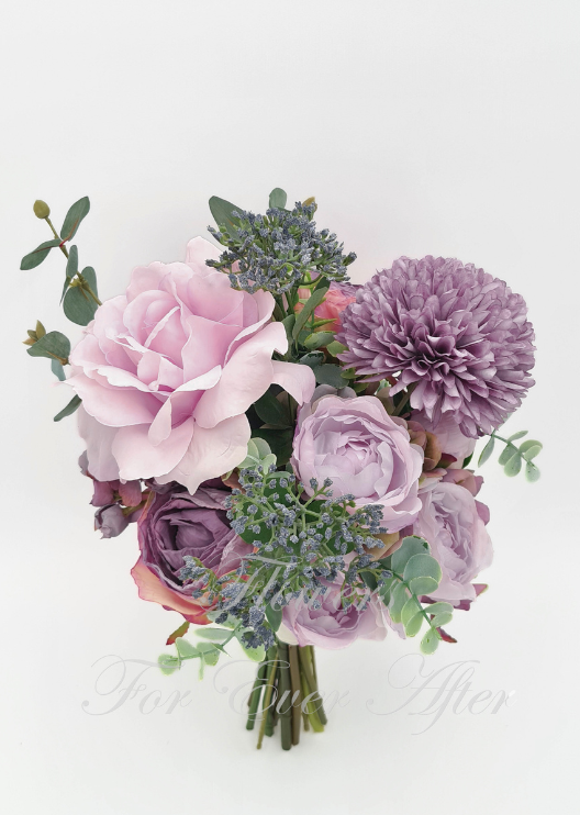Artificial wedding bridesmaid posy with white faux roses, clustered white blooms and grey-green foliage, finished with a wrapped handle. Made in Melbourne by Flowers For Ever After, shipping Australia and Worldwide.