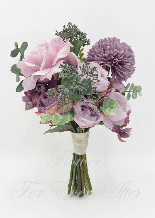 Artificial wedding bridesmaid posy, top view of white faux roses, small white blooms and green foliage. Made in Melbourne by Flowers For Ever After, shipping Australia and Worldwide.
