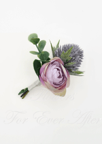 Artificial wedding boutonniere with a white faux rose, small white flowers and grey-green leaves, with wrapped stems. For formals, proms and ball occasions. Made in Melbourne by Flowers For Ever After, shipping Australia and Worldwide.